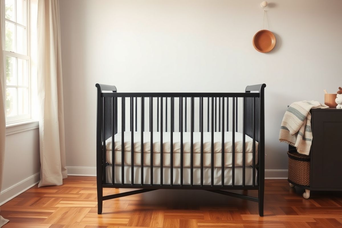 Rustic Charm: Black Crib Paired with Wood Tones