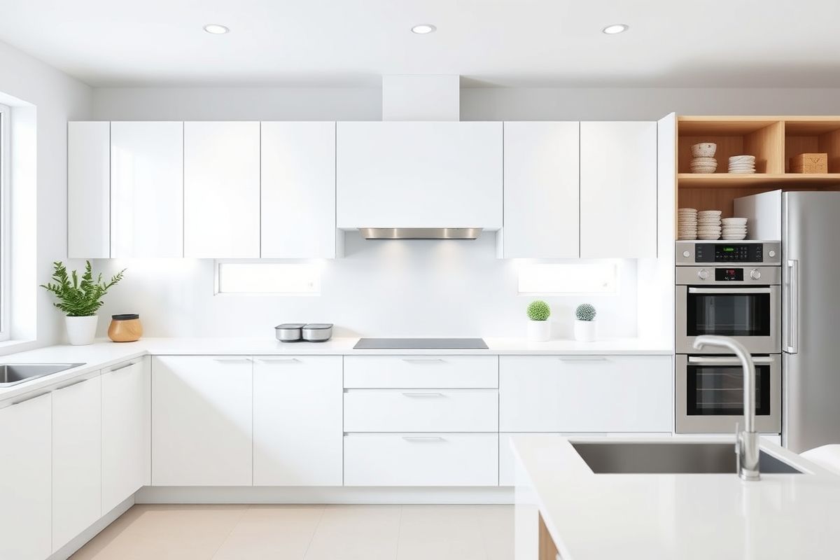 Sleek and Contemporary: White Dove Cabinets in a Minimalist Kitchen
